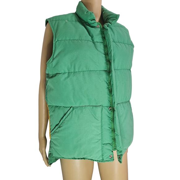 1980s Woolrich Insulated Kelly Green Yellow Goose Down Puffer Vest Size Medium - Picture 2 of 12
